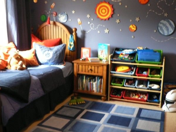 This is a not so great quality photo of my son s room at the toddler stage. Pinterest has the better shot but I can t  seem to track that one down. This room was really thrown together while I was 7 months pregnant with his sister, but has over 250 pins on Pinterest! It completely surprised me.  I made the planets out of foam core by hand. Serious nesting was happening.  Space rooms are a popular thing on Pinterest I guess!